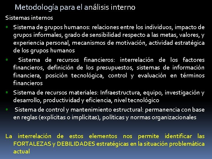 Metodología para el análisis interno Sistemas internos • Sistema de grupos humanos: relaciones entre