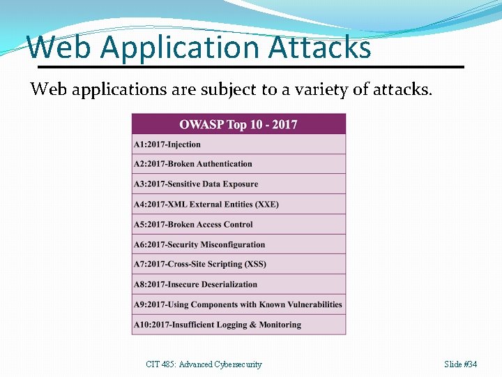 Web Application Attacks Web applications are subject to a variety of attacks. CIT 485: