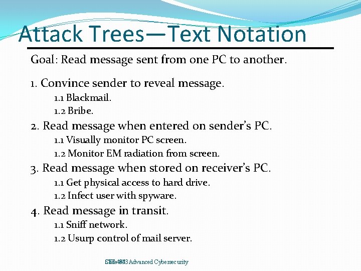 Attack Trees—Text Notation Goal: Read message sent from one PC to another. 1. Convince