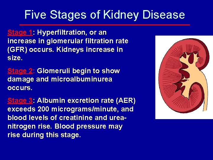 Five Stages of Kidney Disease Stage 1: Hyperfiltration, or an increase in glomerular filtration