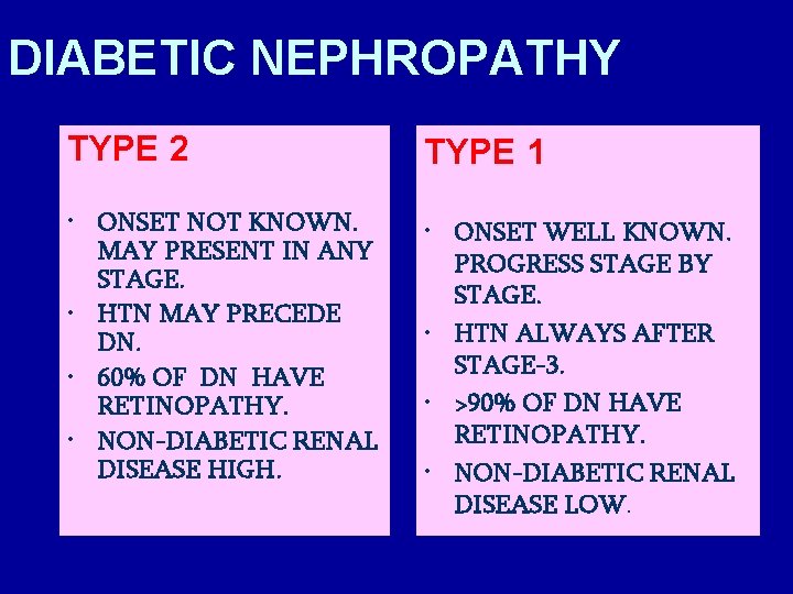 DIABETIC NEPHROPATHY TYPE 2 TYPE 1 • ONSET NOT KNOWN. MAY PRESENT IN ANY