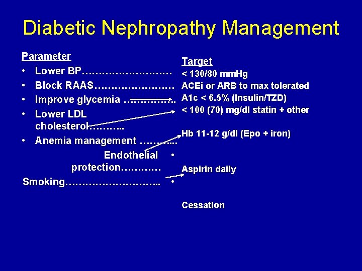Diabetic Nephropathy Management Parameter • Lower BP…………… • Block RAAS………… • Improve glycemia …………….