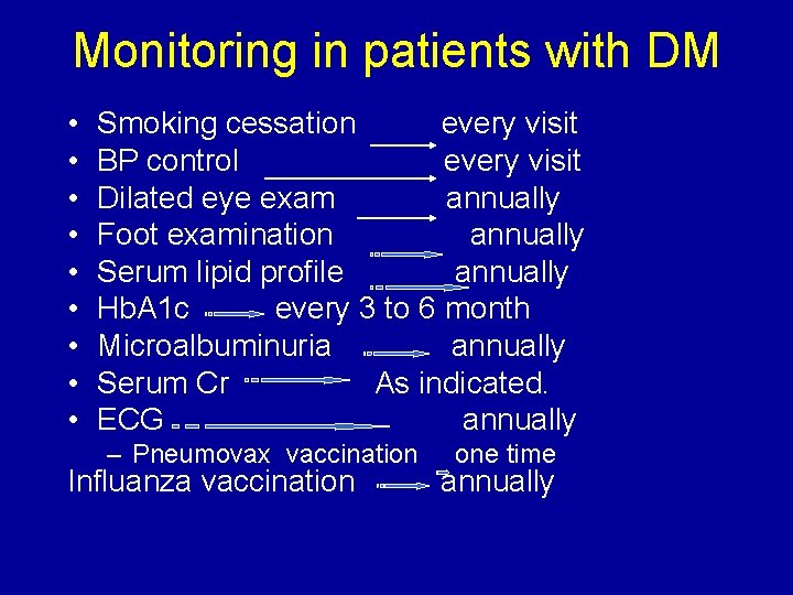 Monitoring in patients with DM • • • Smoking cessation every visit BP control