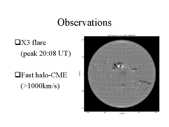 Observations q. X 3 flare (peak 20: 08 UT) q. Fast halo-CME (>1000 km/s)