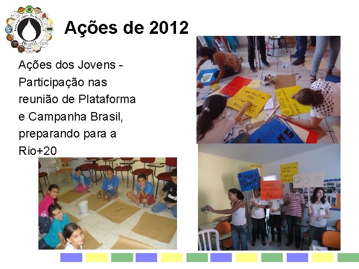 Ações de 2012 Ações dos Jovens Participação nas reunião de Plataforma e Campanha Brasil,
