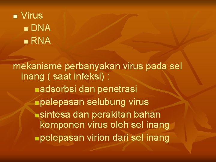 n Virus n DNA n RNA mekanisme perbanyakan virus pada sel inang ( saat