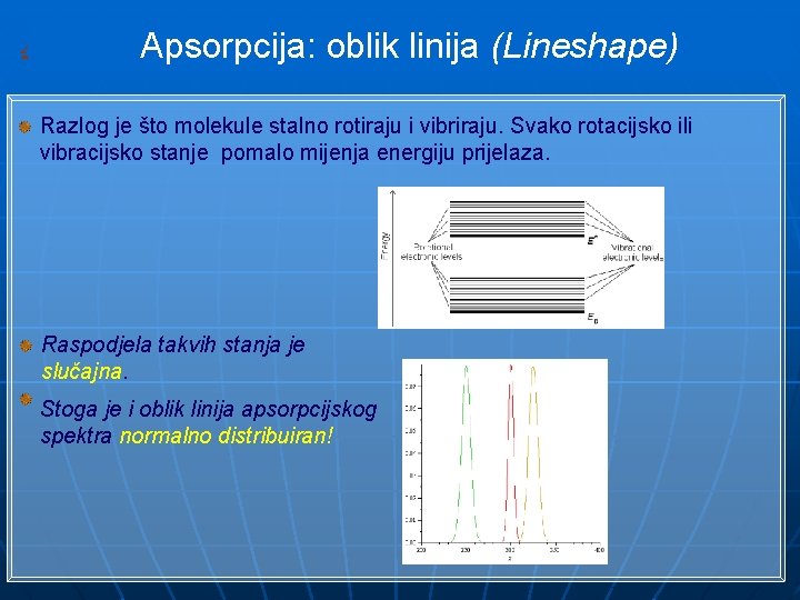 Absorption: Lineshape Apsorpcija: oblik linija (Lineshape) Razlog je što molekule stalno rotiraju i vibriraju.
