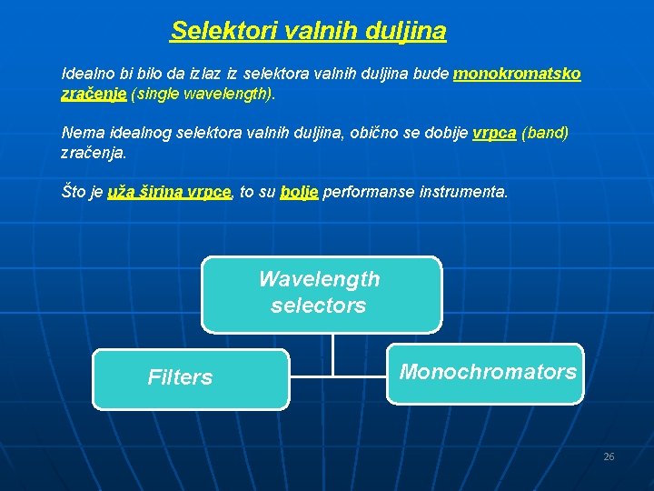 Selektori valnih duljina Idealno bi bilo da izlaz iz selektora valnih duljina bude monokromatsko