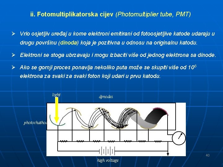 ii. Fotomultiplikatorska cijev (Photomultiplier tube, PMT) Ø Vrlo osjetljiv uređaj u kome elektroni emitirani