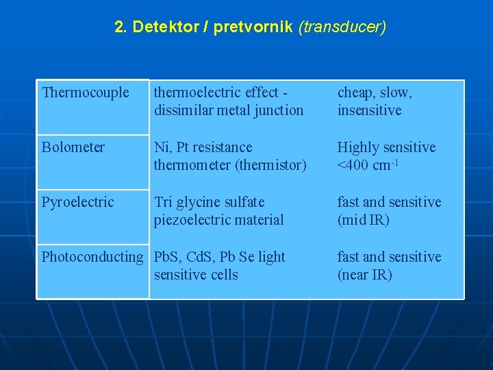 2. Detektor / pretvornik (transducer) Thermocouple thermoelectric effect dissimilar metal junction cheap, slow, insensitive