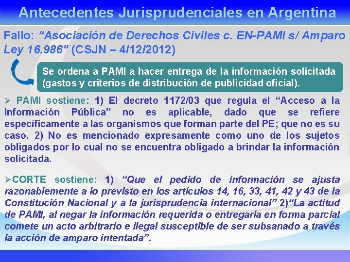 Antecedentes Jurisprudenciales en Argentina Fallo: “Asociación de Derechos Civiles c. EN-PAMI s/ Amparo Ley