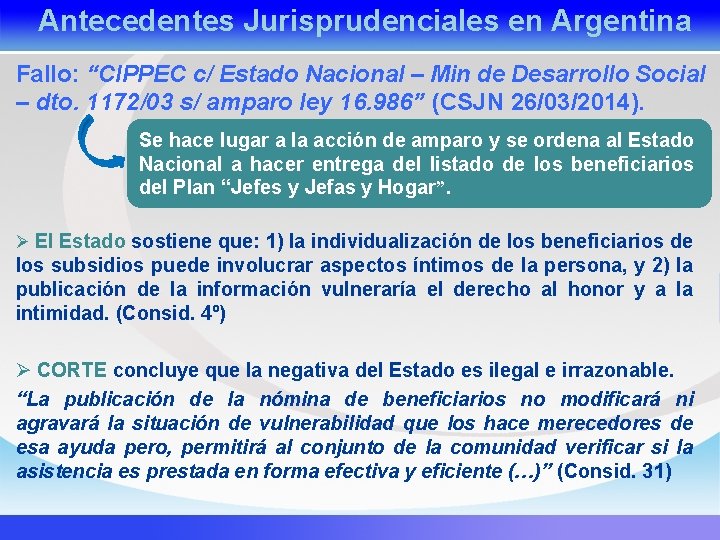 Antecedentes Jurisprudenciales en Argentina Fallo: “CIPPEC c/ Estado Nacional – Min de Desarrollo Social