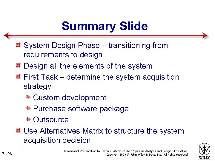 Summary Slide System Design Phase – transitioning from requirements to design Design all the