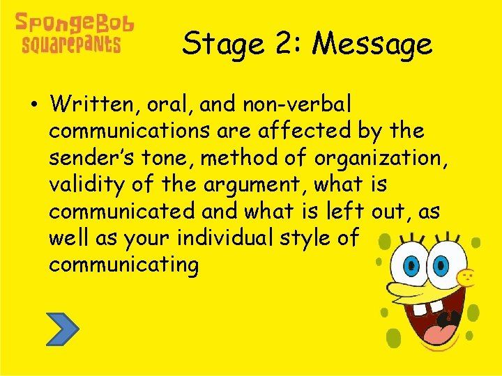 Stage 2: Message • Written, oral, and non-verbal communications are affected by the sender’s