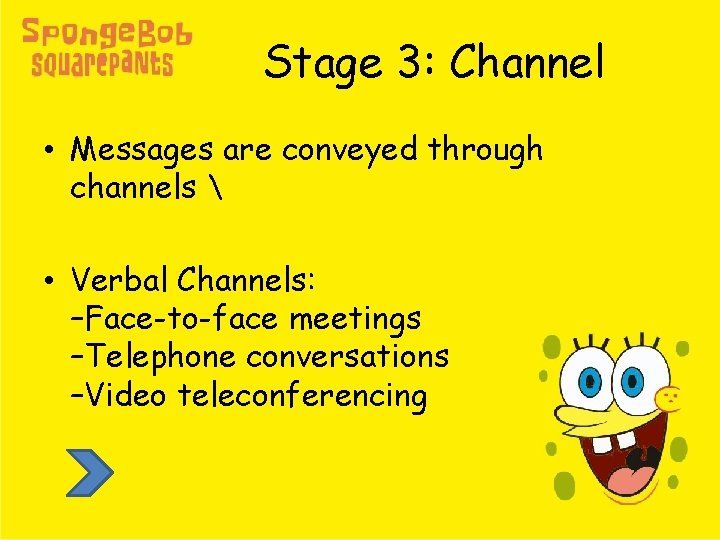 Stage 3: Channel • Messages are conveyed through channels  • Verbal Channels: –Face-to-face