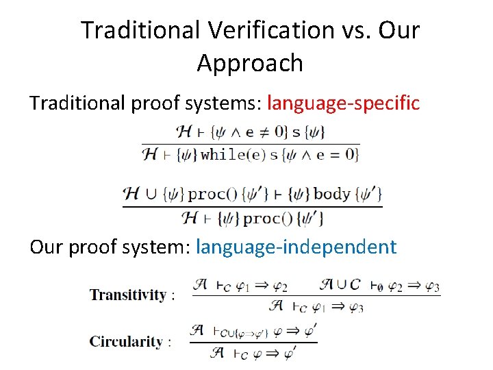Traditional Verification vs. Our Approach Traditional proof systems: language-specific Our proof system: language-independent 