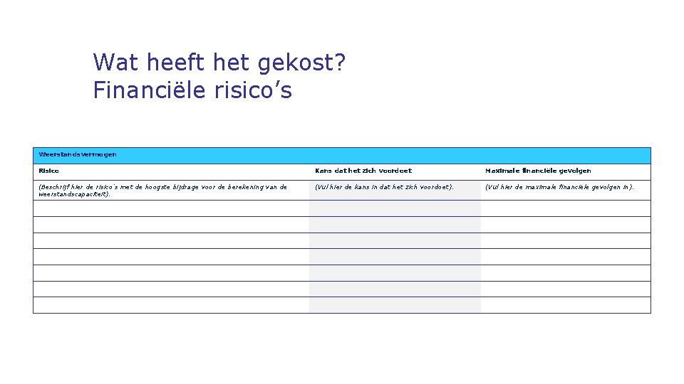 Wat heeft het gekost? Financiële risico’s Weerstandsvermogen Risico Kans dat het zich voordoet Maximale