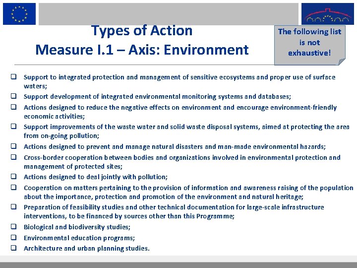 Types of Action Measure I. 1 – Axis: Environment The following list is not