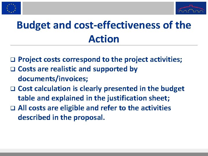 Budget and cost-effectiveness of the Action Project costs correspond to the project activities; q
