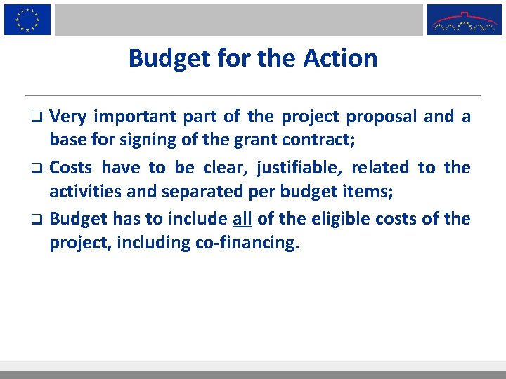 Budget for the Action Very important part of the project proposal and a base