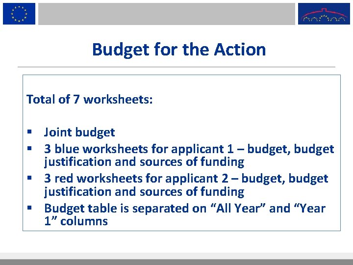 Budget for the Action Total of 7 worksheets: § Joint budget § 3 blue