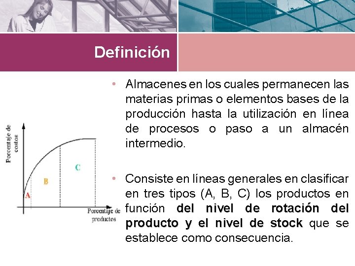Definición • Almacenes en los cuales permanecen las materias primas o elementos bases de