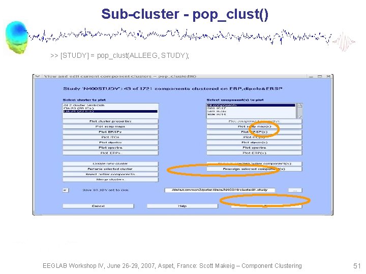 Sub-cluster - pop_clust() >> [STUDY] = pop_clust(ALLEEG, STUDY); EEGLAB Workshop IV, June 26 -29,