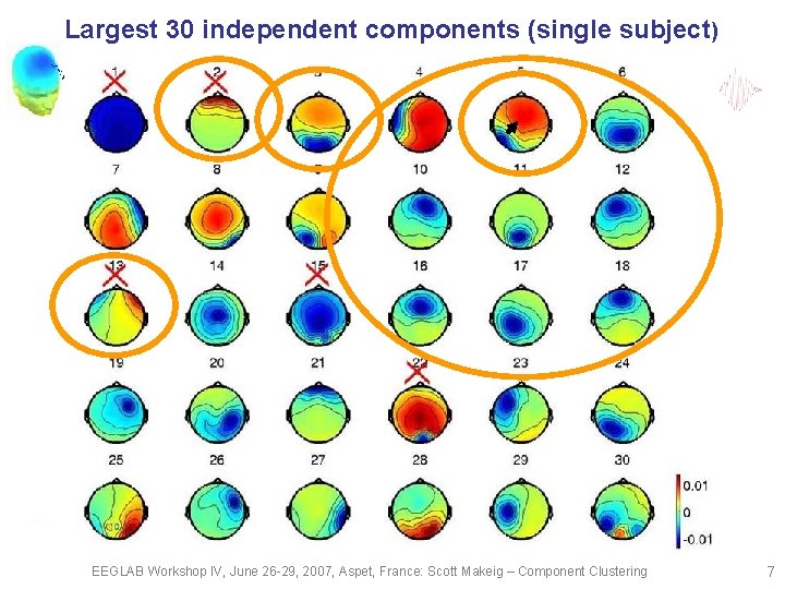 Largest 30 independent components (single subject) EEGLAB Workshop IV, June 26 -29, 2007, Aspet,