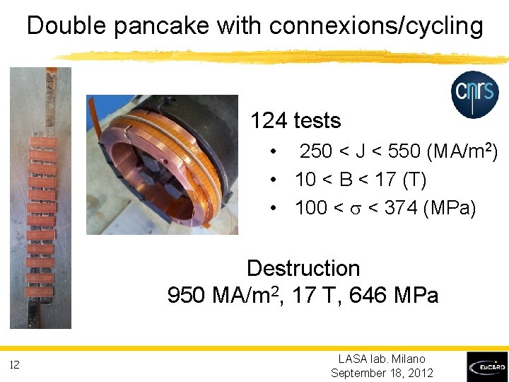 Double pancake with connexions/cycling 124 tests • 250 < J < 550 (MA/m 2)