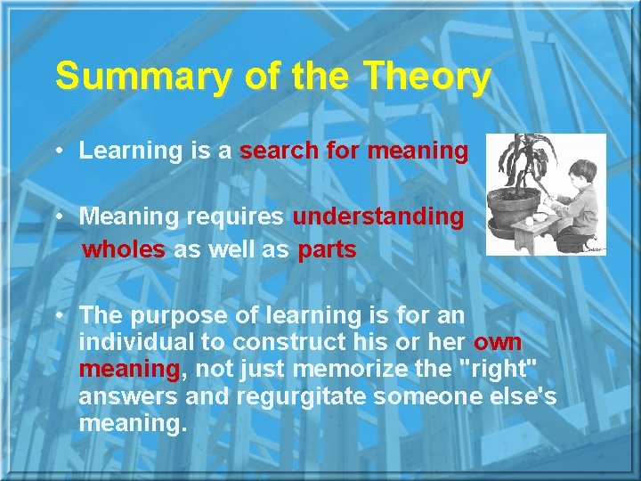 Summary of the Theory • Learning is a search for meaning • Meaning requires