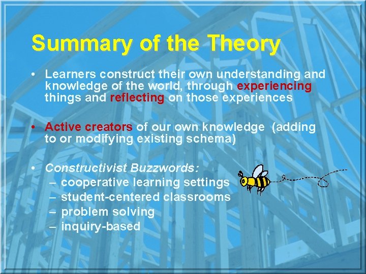 Summary of the Theory • Learners construct their own understanding and knowledge of the
