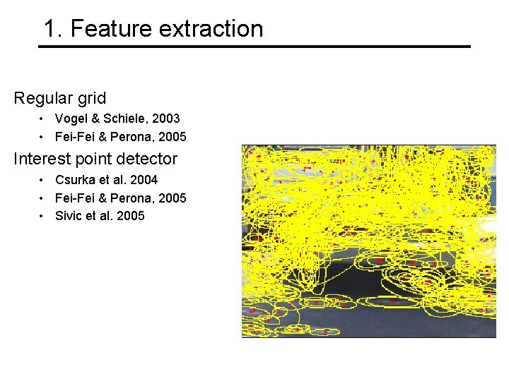 1. Feature extraction Regular grid • Vogel & Schiele, 2003 • Fei-Fei & Perona,