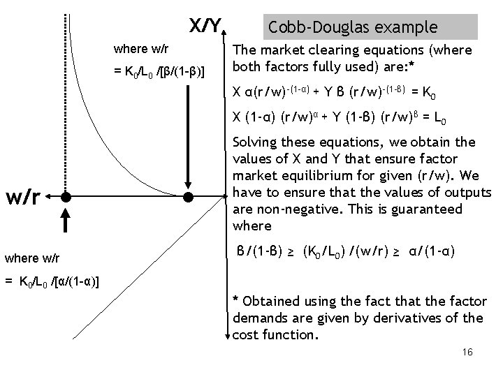 X/Y where w/r = K 0/L 0 /[β/(1 -β)] Cobb-Douglas example The market clearing