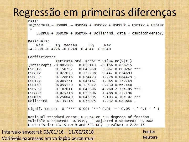 Regressão em primeiras diferenças Intervalo amostral: 05/01/16 – 11/06/2018 Variáveis expressas em variação percentual