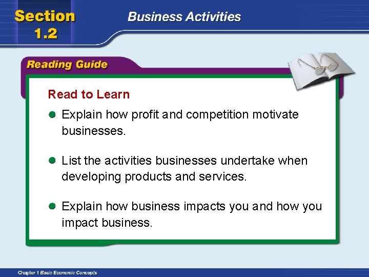 Read to Learn Explain how profit and competition motivate businesses. List the activities businesses