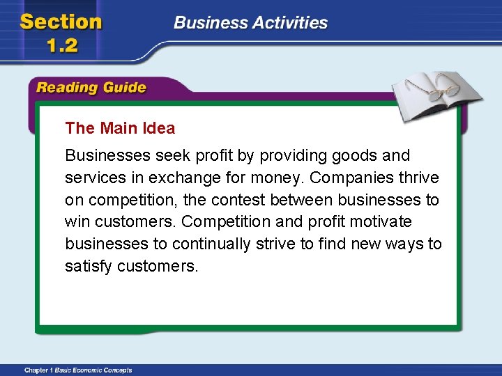 The Main Idea Businesses seek profit by providing goods and services in exchange for