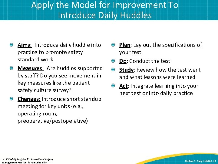 Apply the Model for Improvement To Introduce Daily Huddles Aims: Introduce daily huddle into