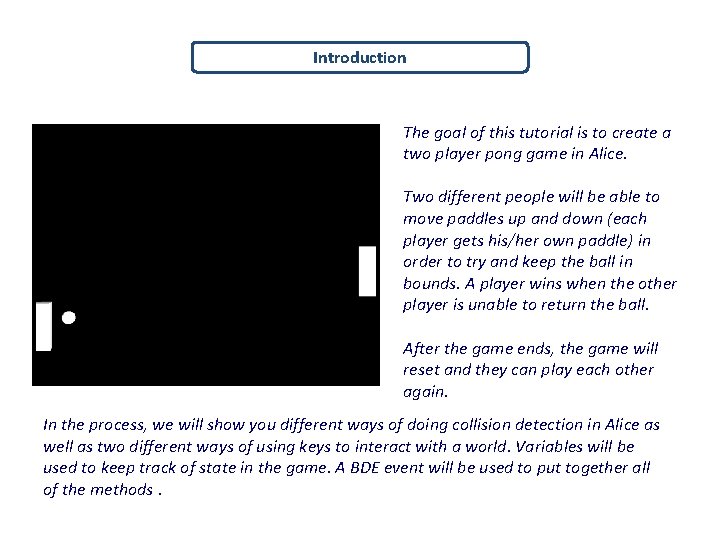 Introduction The goal of this tutorial is to create a two player pong game