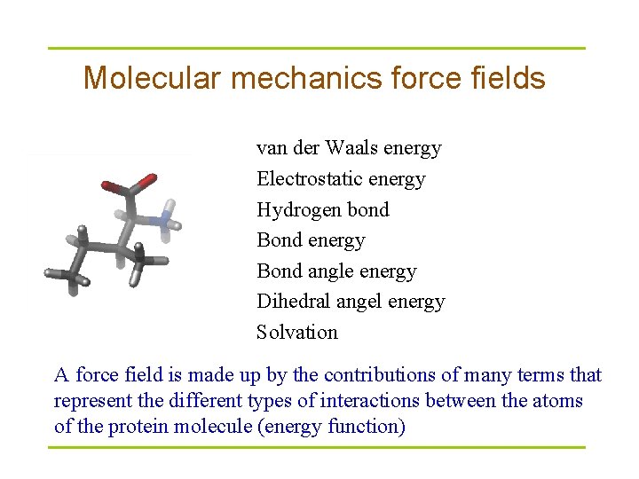 Molecular mechanics force fields van der Waals energy Electrostatic energy Hydrogen bond Bond energy