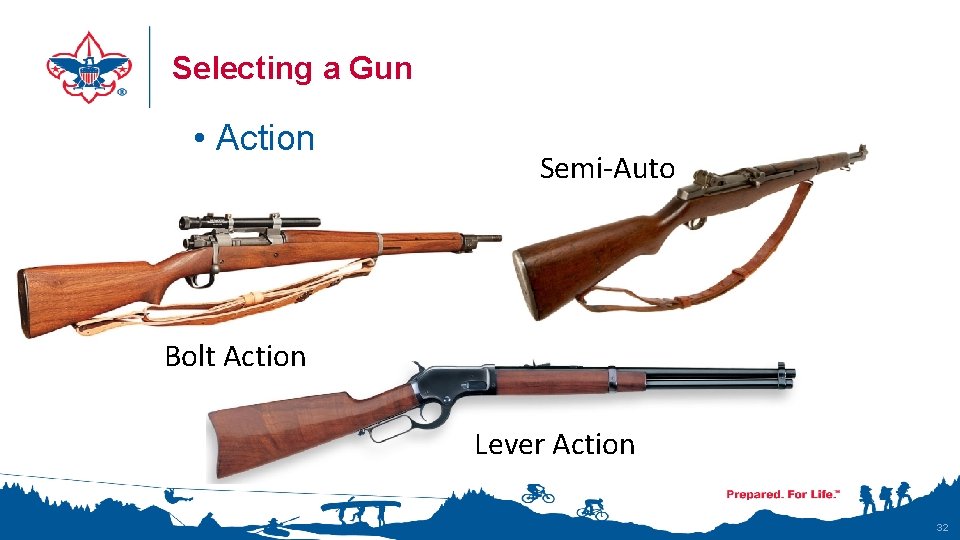 Selecting a Gun • Action Semi-Auto Bolt Action Lever Action 32 