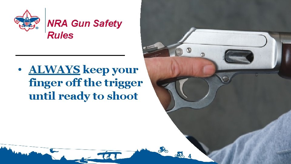 NRA Gun Safety Rules • ALWAYS keep your finger off the trigger until ready