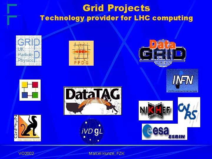 Grid Projects Technology provider for LHC computing LCG VO 2002 Marcel Kunze, FZK 