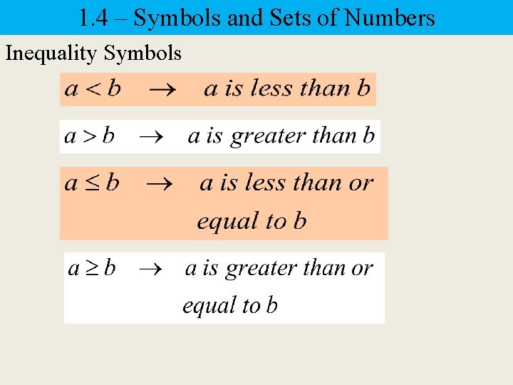 1. 4 – Symbols and Sets of Numbers Inequality Symbols 