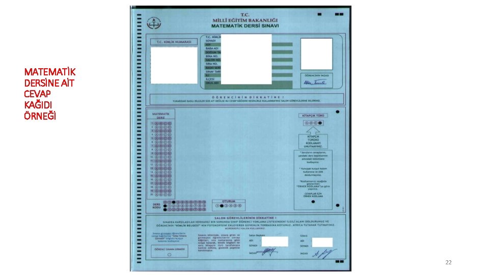MATEMATİK DERSİNE AİT CEVAP KAĞIDI ÖRNEĞİ 22 