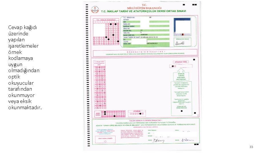 Cevap kağıdı üzerinde yapılan işaretlemeler örnek kodlamaya uygun olmadığından optik okuyucular tarafından okunmuyor veya