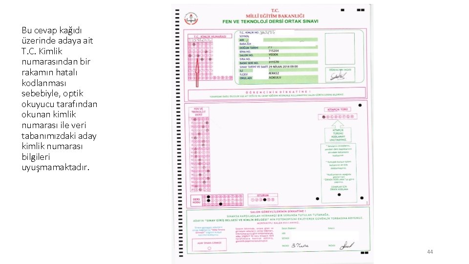 Bu cevap kağıdı üzerinde adaya ait T. C. Kimlik numarasından bir rakamın hatalı kodlanması