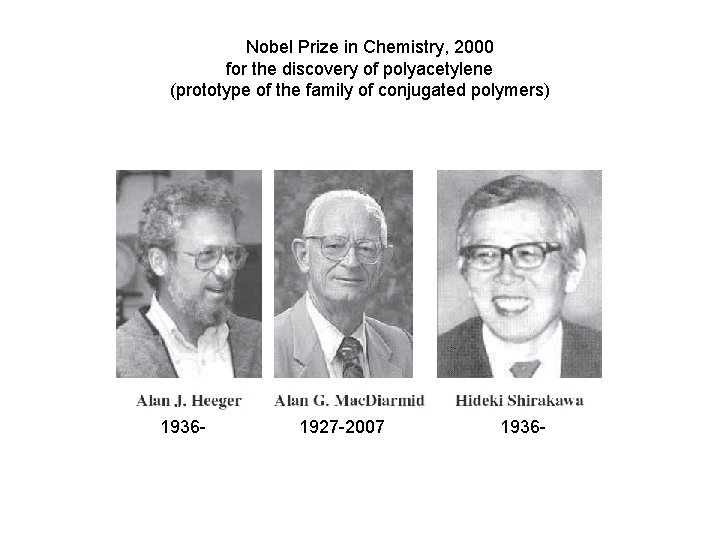 Nobel Prize in Chemistry, 2000 for the discovery of polyacetylene (prototype of the family