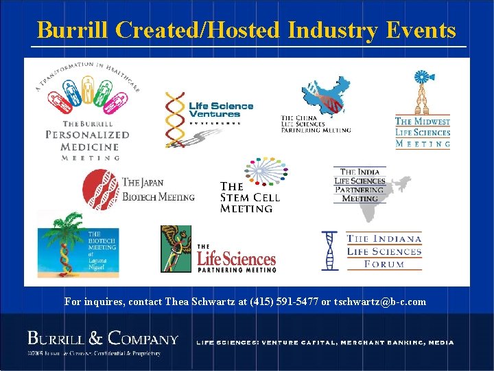 Burrill Created/Hosted Industry Events For inquires, contact Thea Schwartz at (415) 591 -5477 or