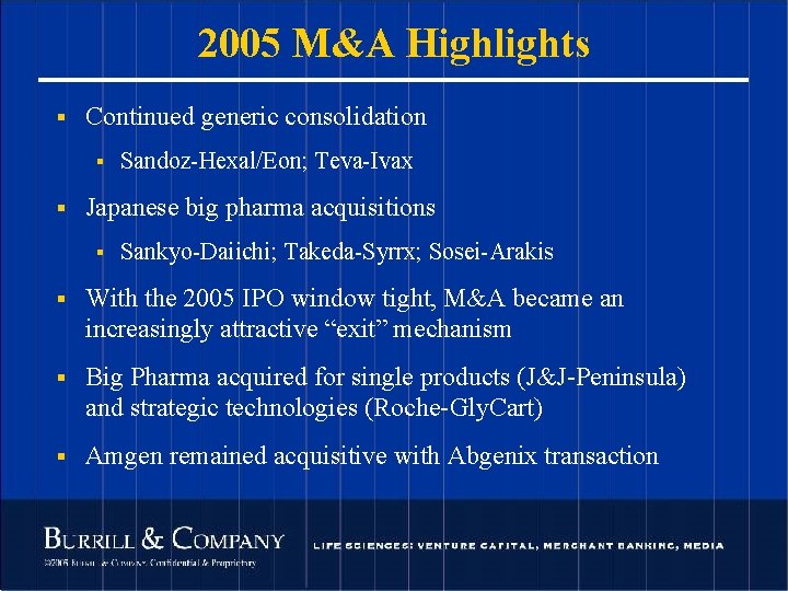2005 M&A Highlights § Continued generic consolidation § § Sandoz-Hexal/Eon; Teva-Ivax Japanese big pharma