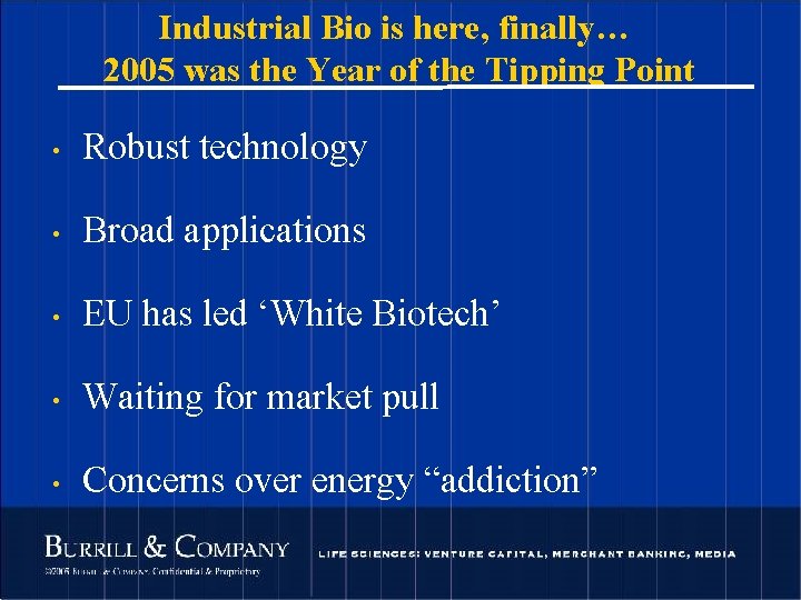 Industrial Bio is here, finally… 2005 was the Year of the Tipping Point •